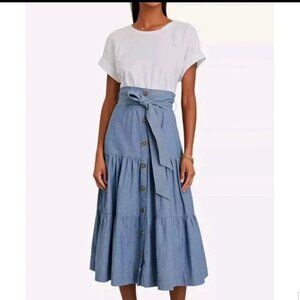 Veronica Beard Emmitt Mixed Media Tiered Chambray Blue White Dress Midi. L